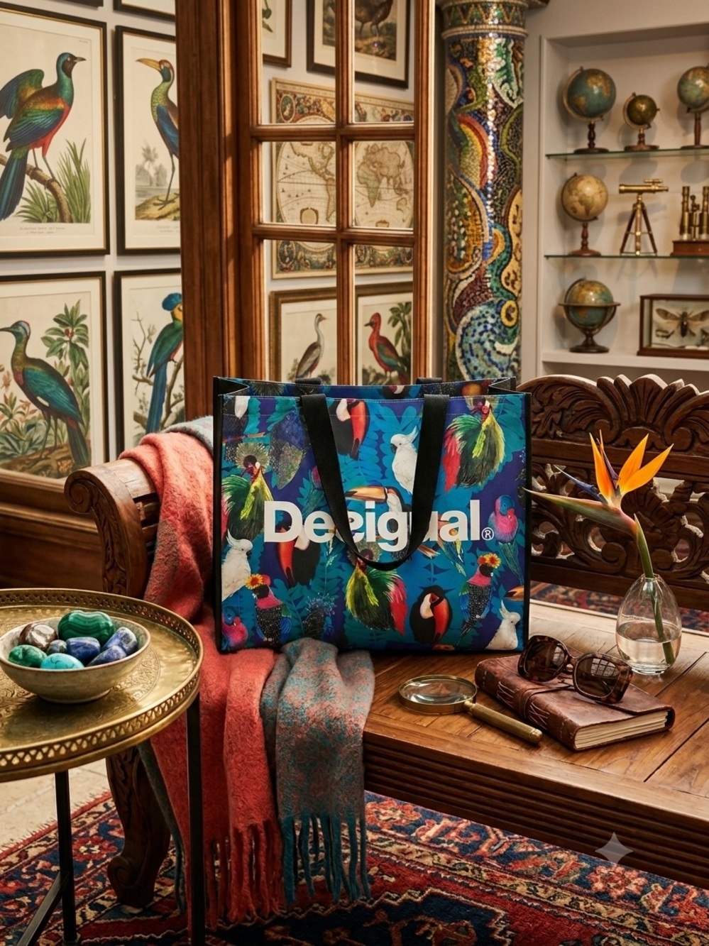 Desigual Multicolored Tropical Exotic Bird Print Reusable Oversized Shopper Bag